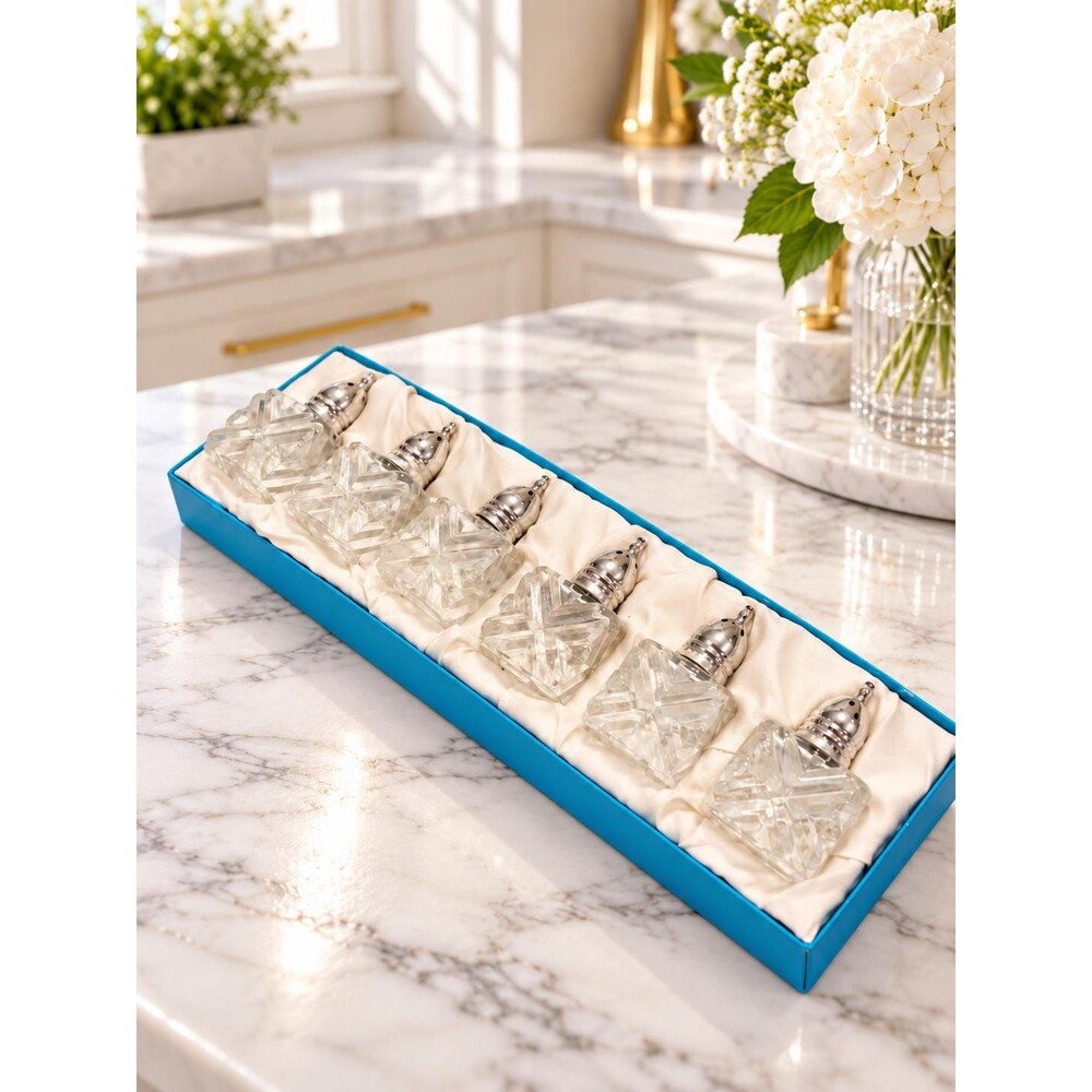 Vintage F.B. Rogers Glass Salt & Pepper Shakers Set of 6 Silverplate Tops